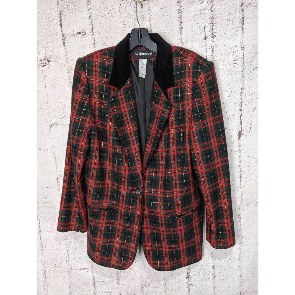 Sag Harbor womens Tartan Plaid Wool Blazer Jacket‎ Sz 10 VTG Black Velvet Collar